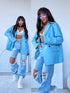 Oversize švarkas su juodomis rankovių sagomis - SOFT BLUE